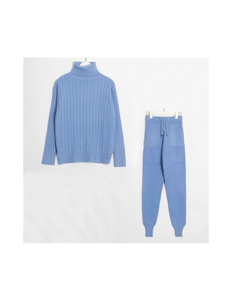 Knitted Women Sweater Sets Turtleneck Long Sleeve Sweaters Tops+Pockets Long Pants Solid 2 Pieces Suits Winter Costume - Blu...