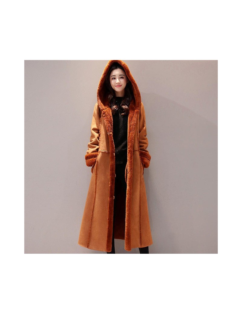 Autumn Winter Women Suede Jacket Hooded Coat Long Sleeve Warm Soft Lambswool Thicken Long Jacket Winter Coat Abrigo Mujer Q6...