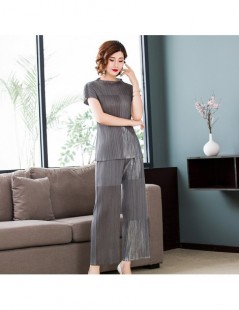 Women's Sets 2019 High Quality Pleated Two Pieces Set Print Patchwork New Fashion Short Sleeve Tops + Wide Leg Pants For Wome...