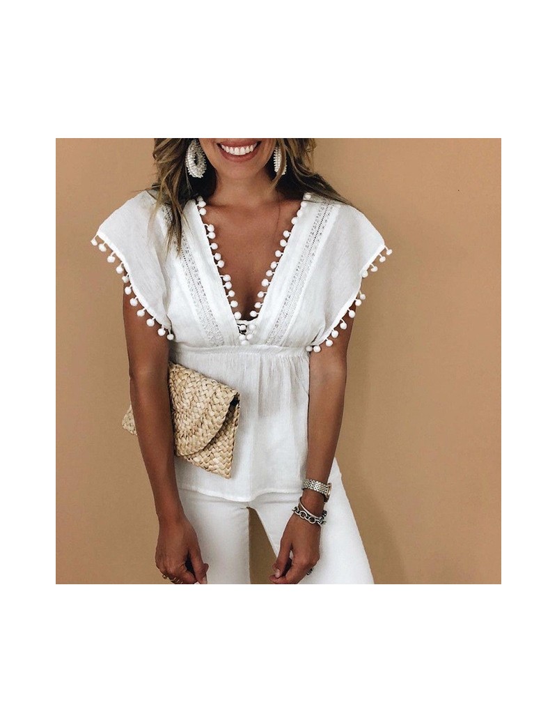 Women Ladies Tassels Deep V Neck Lace Sexy Tops Sleeveless Loose Casual Summer Solid White Tank Top - White - 4B3002282329