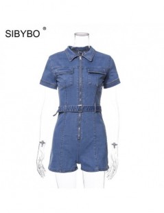 Rompers Sashes Denim Summer Playsuit Women Fashion Front Zipper Skinny Sexy Short Jumpsuit Women Pockets Casual Women Rompers...