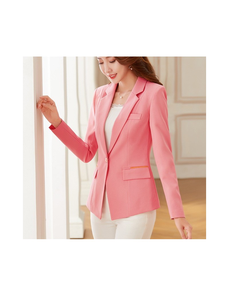 2019 New Spring Autumn Notched Office Ladies Quality Slim Long Sleeve Solid Color Womens Single Button Small Suit - pink col...