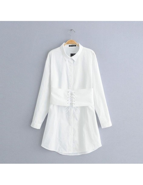 Dresses Spring Fashion White Color With Waistband Slim Waist Shirt Dress Women Long Sleeve Vestidos Tops - as photo - 4V30853...