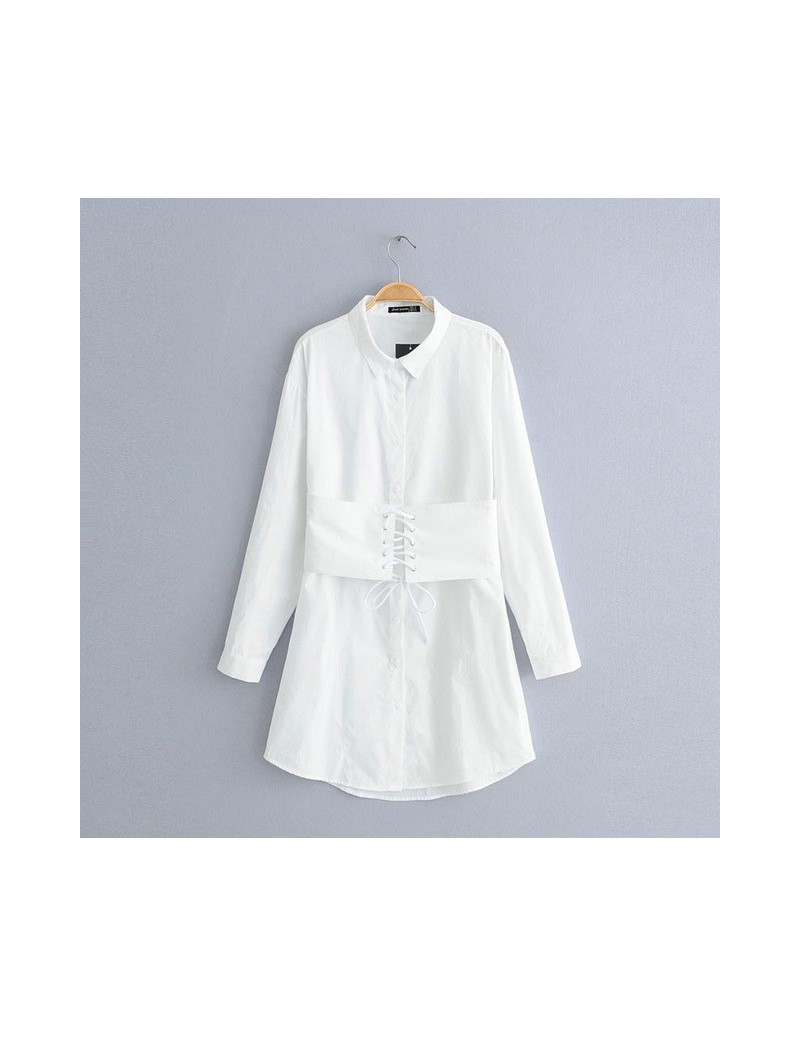 Spring Fashion White Color With Waistband Slim Waist Shirt Dress Women Long Sleeve Vestidos Tops - as photo - 4V3085341410