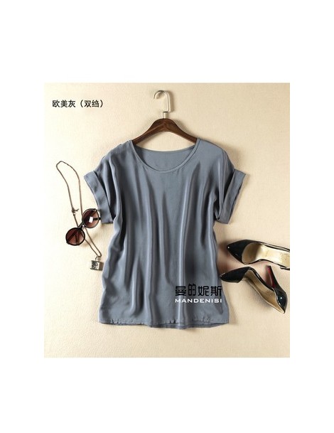 Blouses & Shirts Summer new arrive high quality 100% silk office lady blouse short sleeved - grey - 443932767119-17 $40.41