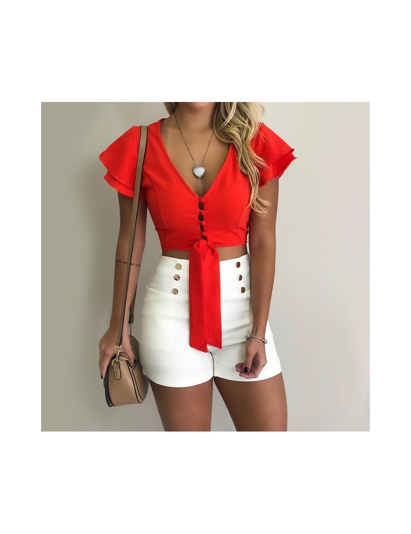 Short Sleeve Shopping Casual Party Club Slim Fit Women Shirt V Neck Crop Tops Daily Sexy Summer Solid Travel - Red - 4241116...