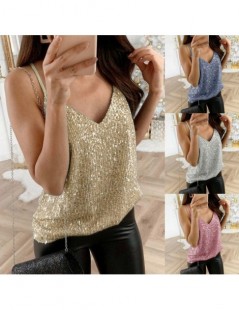 Tank Tops Glittering Knitted Women Camisole Vest Stretchable V Neck Slim Sexy Strappy Tank Tops 30 - Silver - 5W111216894781-...