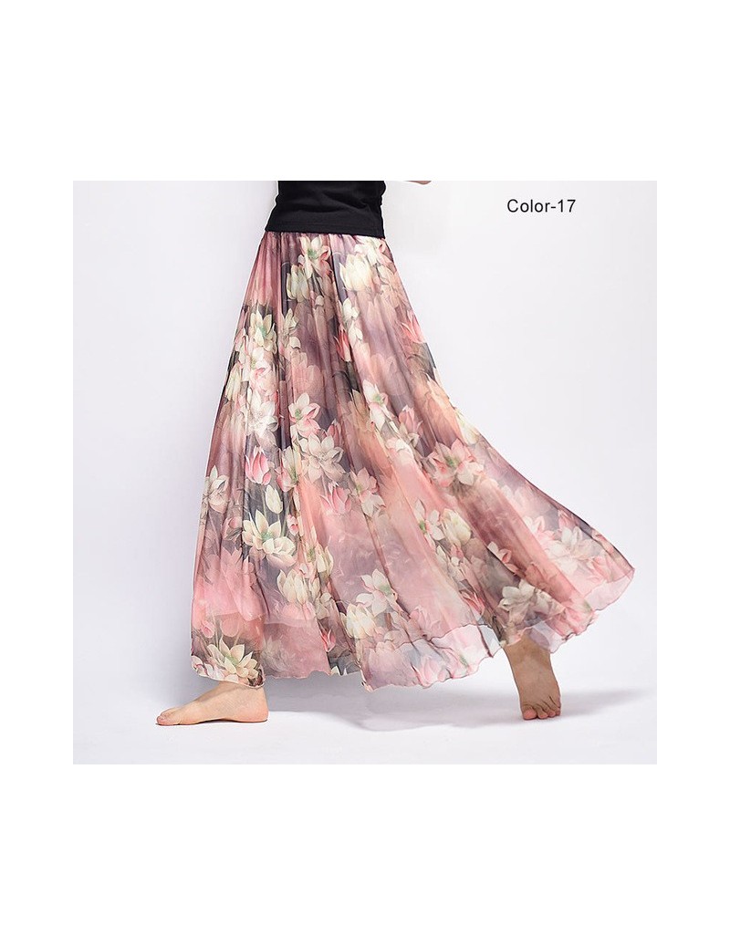Skirts New Fashion 2018 Women's BOHO Elegant Florals Print Chiffon Long Skirt Ladies Slim High-Waist Elastic Waist Pleated Sk...