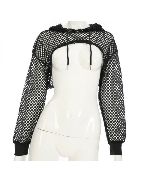 Women Net Hooded Tops Long Sleeve Rock Club Dance Gothic Fishnet T Shirt Hoodies Black White - Black - 423005459829-1
