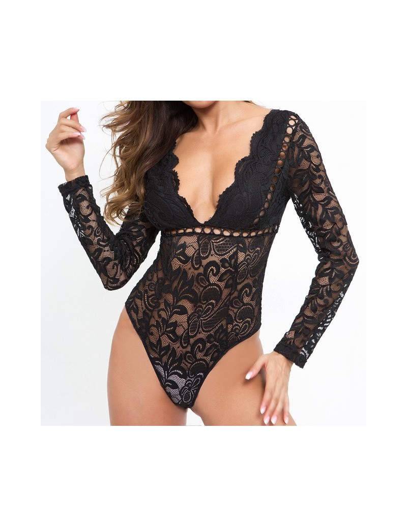 Bodysuits Summer Women Black White Lace Bodysuits Femme Body Backless Long Sleeve Skinny Sexy Rompers Femme Hollow Out Club P...
