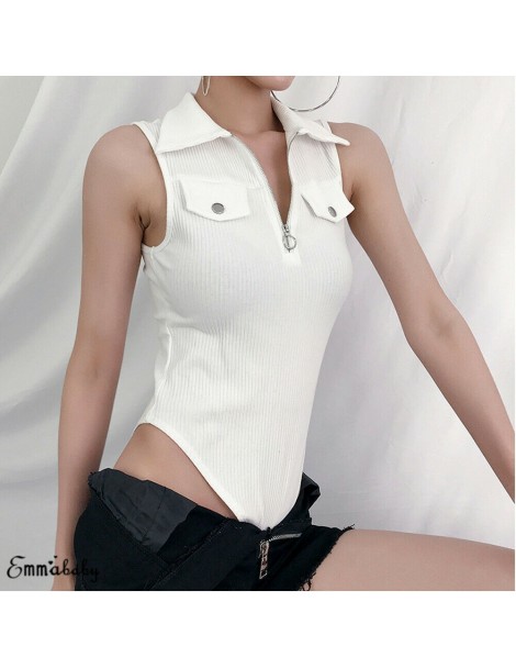 Bodysuits Sexy Bodysuits Women White Sleeveless Summer Slim Rompers Women Jumpsuit Cotton Pockets Zipper Basic Playsuit - 4U4...