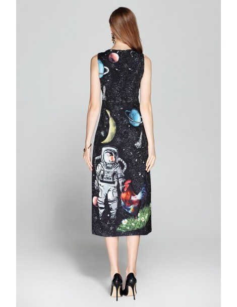 Dresses 2018 Summer Newest O-Neck Sleeveless Embroidery Diamonds Astronauts Print Fashion Tank Mid-Length Long A-Line Dress W...