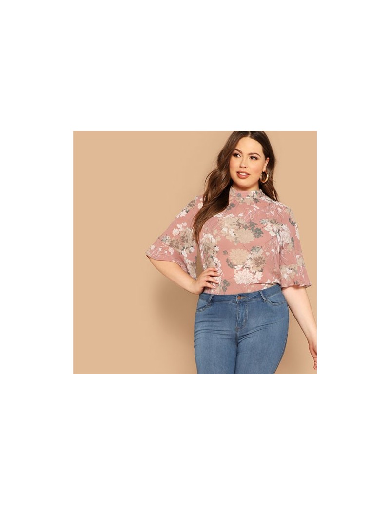 Blouses & Shirts Pink Mock-Neck Curved Hem Floral Print Half Sleeve Plus Size Women Tops Summer Elegant Keyhole Back Flounce ...