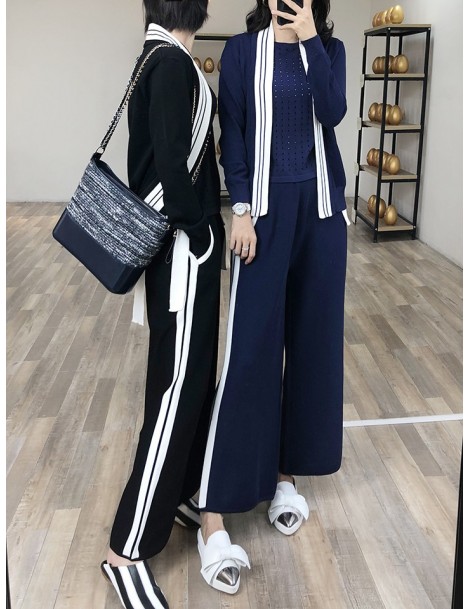 Women's Sets Knitted Cotton 3 Pieces Set Tracksuit Long Sleeve Cardigan + Sleeveless Pullover Tops + Pocket Wide Leg Pants Su...