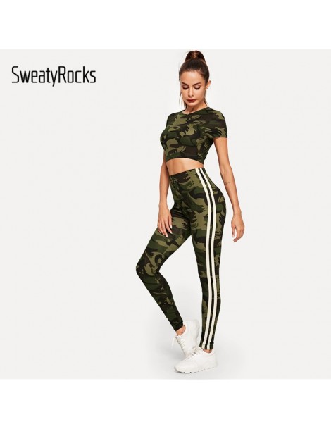 Women's Sets Crop Camo And Top Striped Tape Side Leggings Activewear Skinny Two Piece Outfits Summer Women Workout 2 Piece Se...