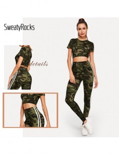 Women's Sets Crop Camo And Top Striped Tape Side Leggings Activewear Skinny Two Piece Outfits Summer Women Workout 2 Piece Se...