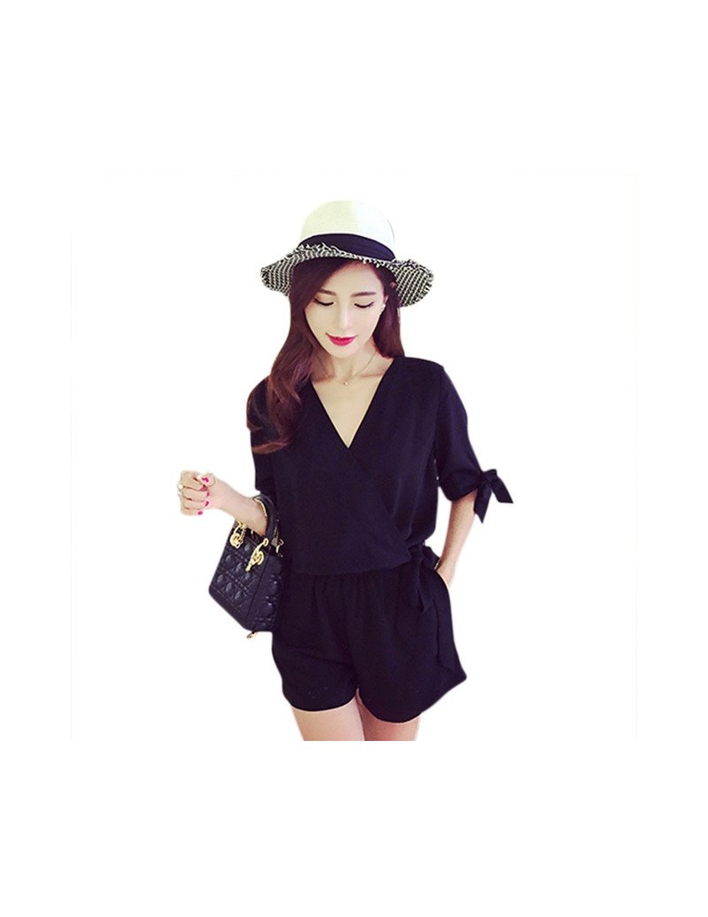 Summer Ladies Black Sexy Playsuit Short Sleeve Tie Waist Casual Jumpsuit Deep V Neck Shorts Rompers Womens Fashion Jumpsuits...
