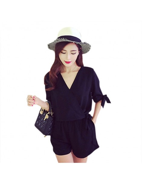 Rompers Summer Ladies Black Sexy Playsuit Short Sleeve Tie Waist Casual Jumpsuit Deep V Neck Shorts Rompers Womens Fashion Ju...