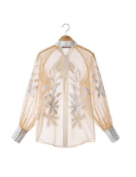 Blouses & Shirts Summer Embroidery Patchwork Women Blouse Bowknot Collar Lantern Sleeve Perspective Shirt Female Fashion 2019...