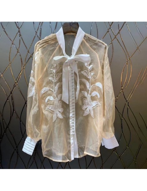 Blouses & Shirts Summer Embroidery Patchwork Women Blouse Bowknot Collar Lantern Sleeve Perspective Shirt Female Fashion 2019...