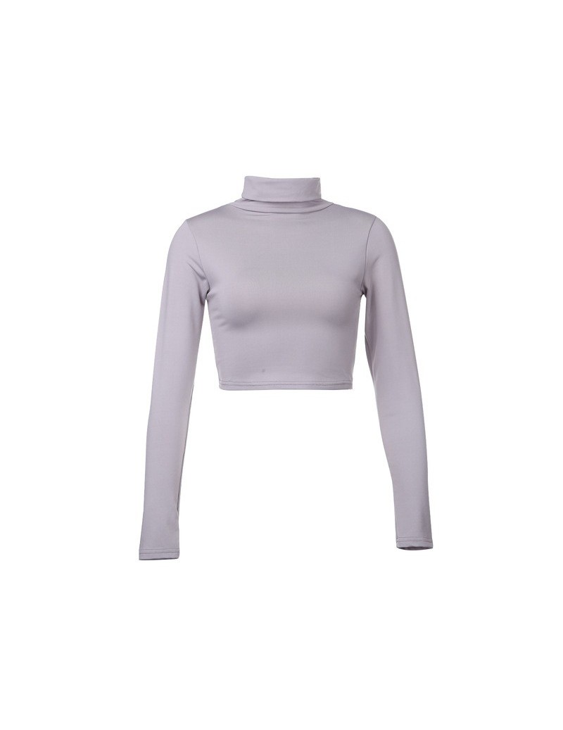 Women Lady Turtle Neck T Shirt Crop Tops Long Sleeve Solid Stretch Jumper Casual Sexy Mini Tee Shirt Clothing - Gray - 4K307...