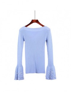 Pullovers Korean Slash Neck Flare Sleeve Knitted Sweater Women Spring Autumn Winter Beading Thcik Pullover Sweater For Sweet ...