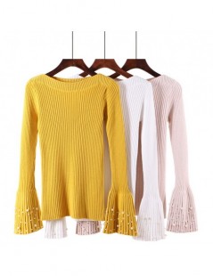 Pullovers Korean Slash Neck Flare Sleeve Knitted Sweater Women Spring Autumn Winter Beading Thcik Pullover Sweater For Sweet ...