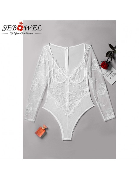 Bodysuits Sexy Floral White Lace Bodysuit Women Long Sleeve Underwire Sheer Mesh Lace Jumpsuits See Through combinaison femme...