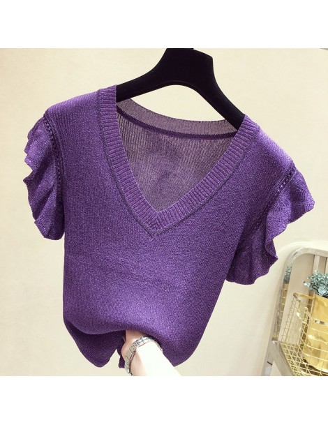 Pullovers New Fashion Women Knitted shirt Summer Ruffles Sleeve Pullovers Tops Solid color V-neck Casual Sweater - black - 4Y...