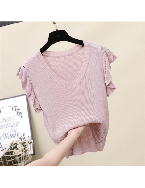 Pullovers New Fashion Women Knitted shirt Summer Ruffles Sleeve Pullovers Tops Solid color V-neck Casual Sweater - black - 4Y...