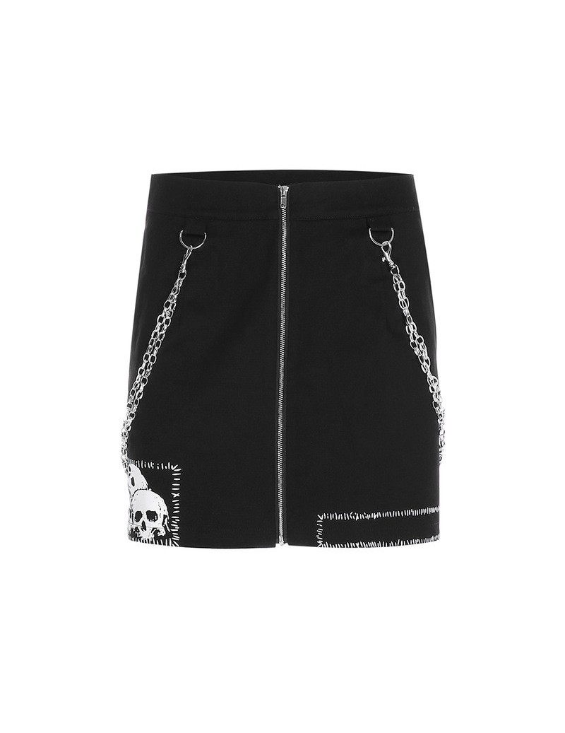 Streetwear Black Skirt Mini Chain Black Harajuku Punk Skirt Woman Graphic Zipper Sexy Cotton High Waist A Line Skirts - Blac...