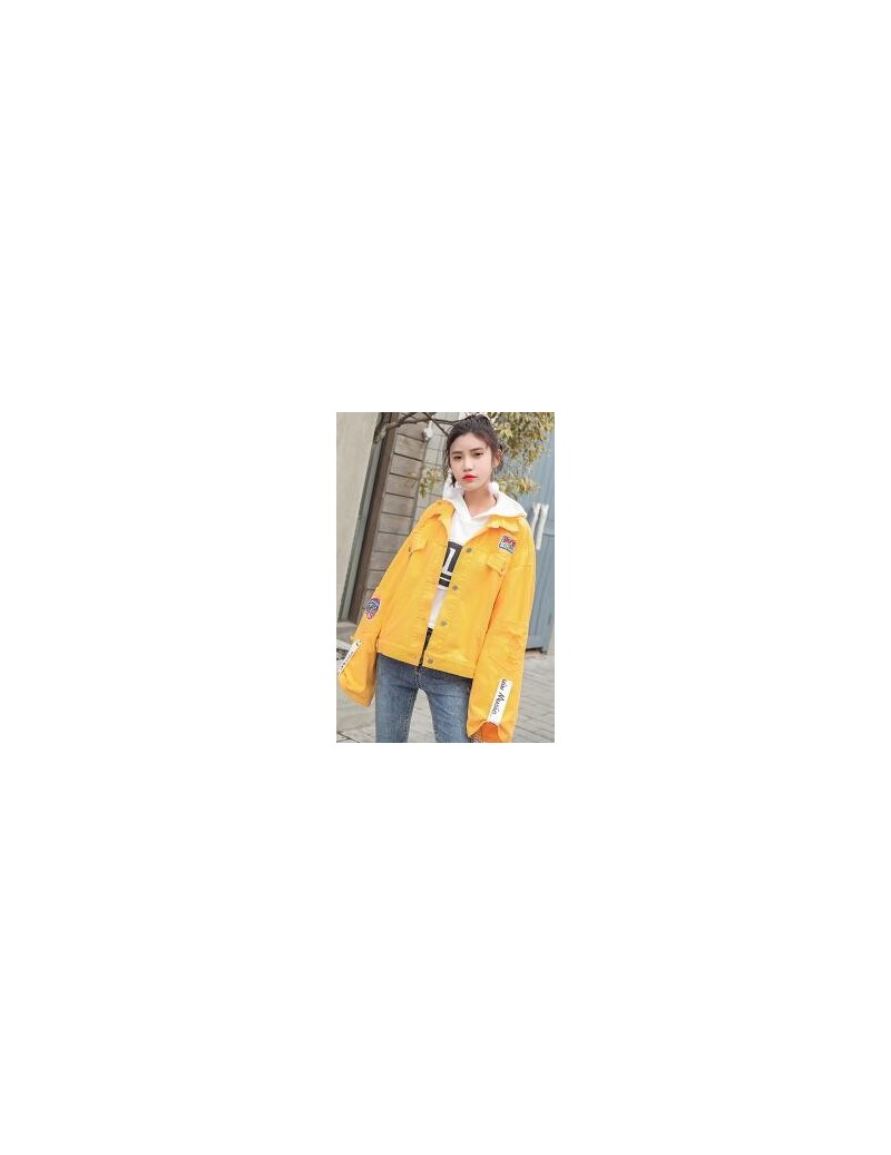 Jackets fashion The New Loose Long sleeve Hole Patch Ribbon denim jacket - Yellow - 4R3082557418-2 $74.85