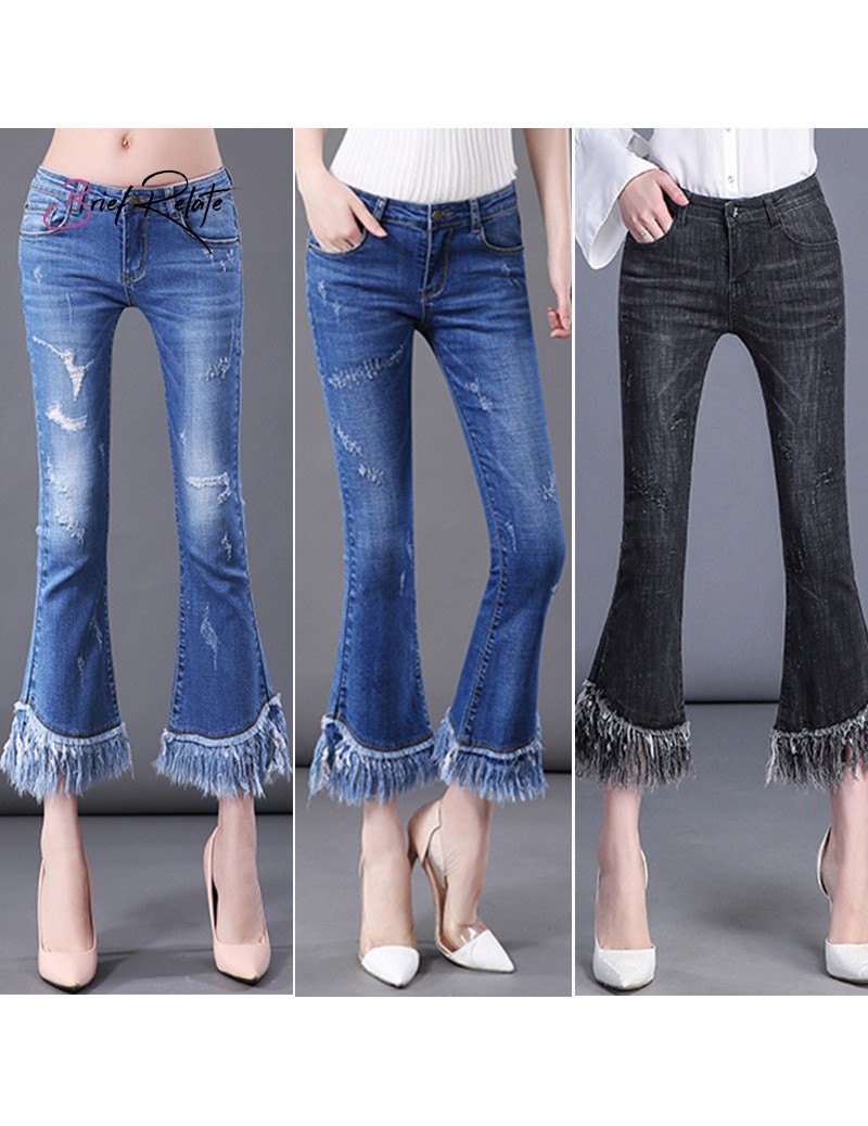 Women Jeans Tassels Blue Street Pocket Lady Jeans Casual Denim Bell Bottoms Pants Female Horn Pencil Jeans - Sky Blue - 4Q3...