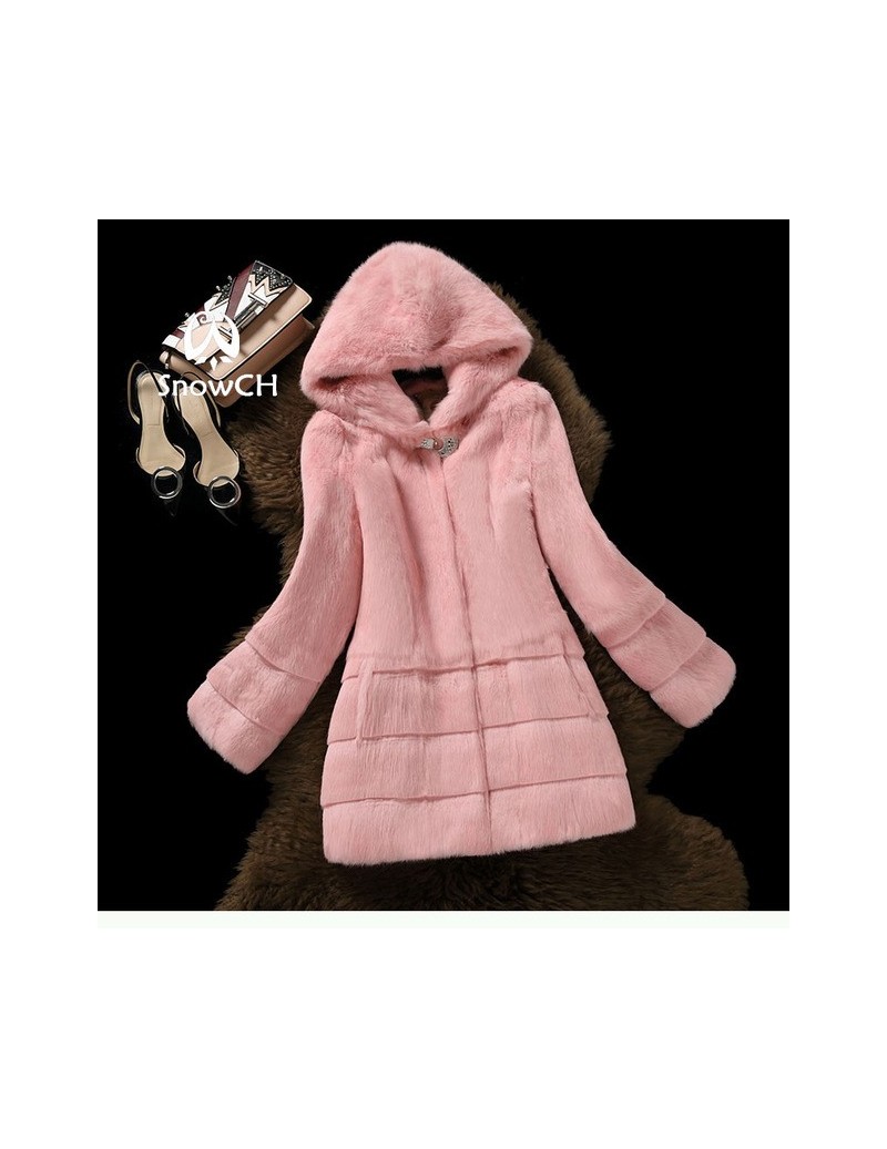 New real rabbit fur coat women full pelt rabbit fur jacket with hat Drill buckle winter outerwear make plus size - pink - 4I...