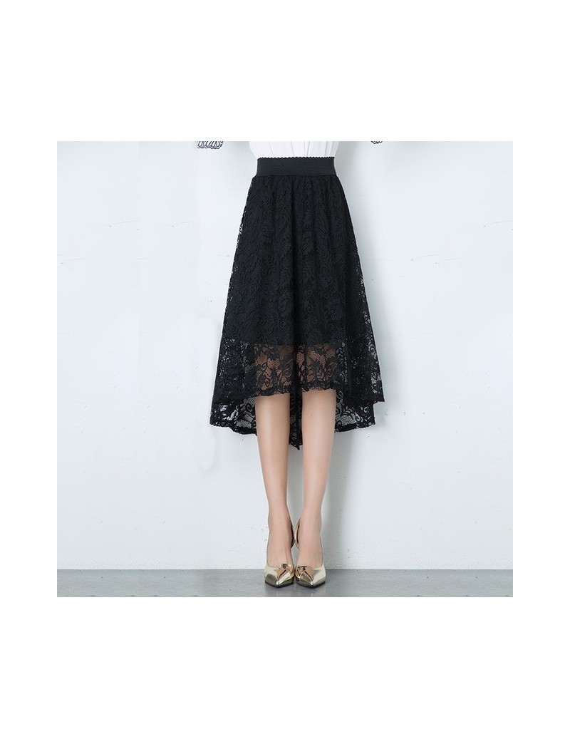 Skirts 2019 New Fashion Women Short Skirt Summer Black Lace Skirt Female Floral Print Mid-Calf Asymmetrical Lady Skirt - Blac...