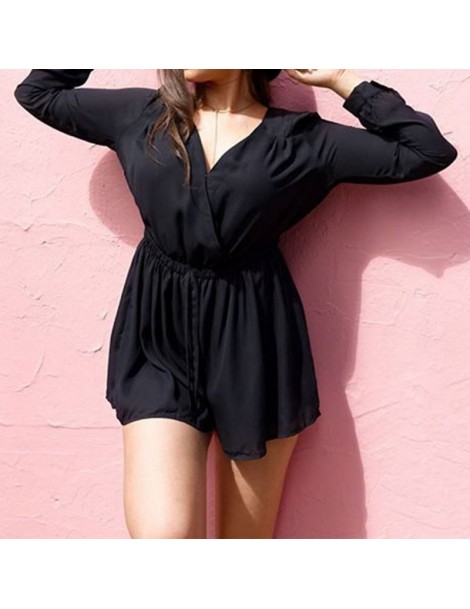 Rompers Summer Sexy V Neck Women Playsuit Long Sleeve Solid Color Playsuits Elegant Ladies Shorts Rompers - Black - 400007929...