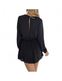 Rompers Summer Sexy V Neck Women Playsuit Long Sleeve Solid Color Playsuits Elegant Ladies Shorts Rompers - Black - 400007929...