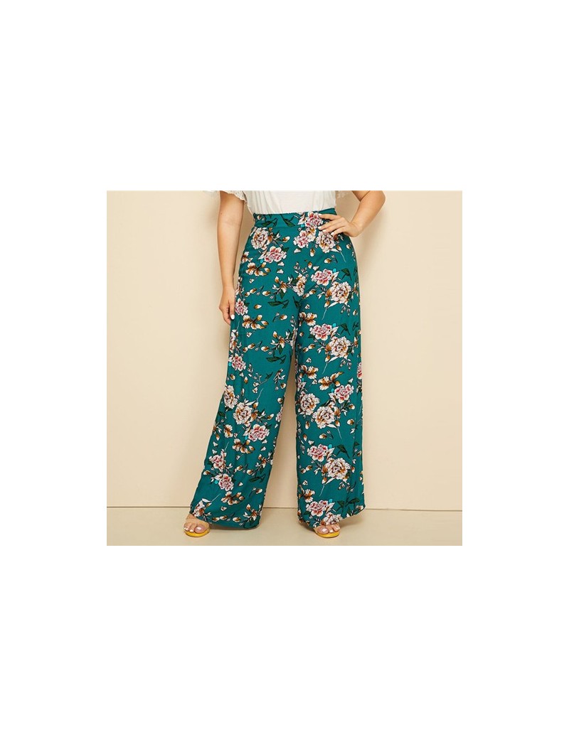 Pants & Capris Plus Size Green High Waist Floral Print Wide Leg Pants 2019 Women Summer Boho Casual Long Loose Plus Trousers ...