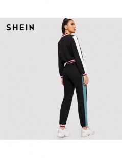 Women's Sets Black Color Block O-Ring Zip Up Stand Collar Sweatshirt and Sweatpants Set Women Autumn Elegant Workwear Twopiec...
