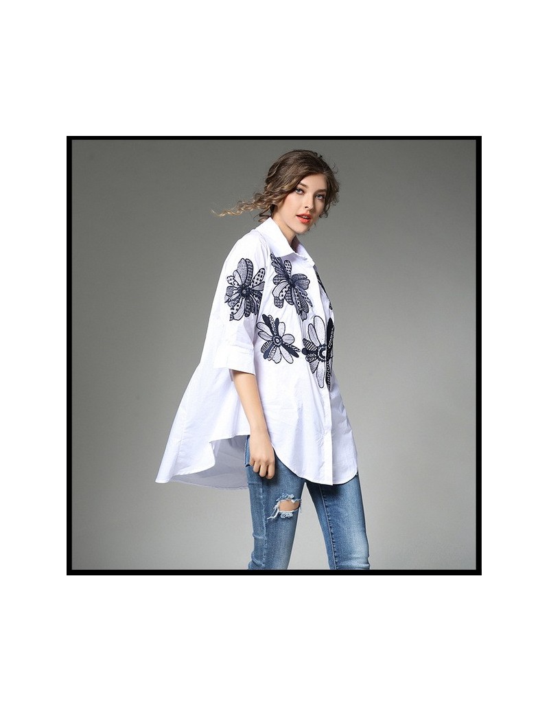 High-end Cotton Floral Embroidery Shirt Women Blouses Blouse Femme Ete 2019 Loose Navy Blue Women Tops Blusa Mujer K705558 -...