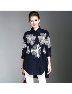 Blouses & Shirts High-end Cotton Floral Embroidery Shirt Women Blouses Blouse Femme Ete 2019 Loose Navy Blue Women Tops Blusa...