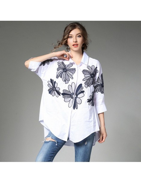 Blouses & Shirts High-end Cotton Floral Embroidery Shirt Women Blouses Blouse Femme Ete 2019 Loose Navy Blue Women Tops Blusa...