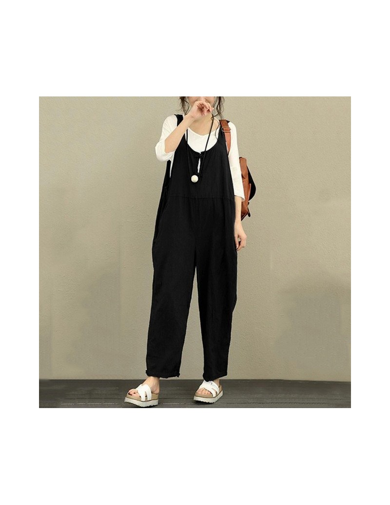 Retro Cotton Linen Rompers Womens Jumpsuits 2019 Female Backless Overalls Playsuit Plus Size Pantalon Palazzo macacao - Blac...
