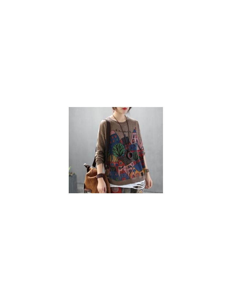 Retro Patchwork Loose Cartoon Printing Women Sweaters Pullovers Autumn Winter Long Sleeve Pull Femme Solid Pullover Female A...