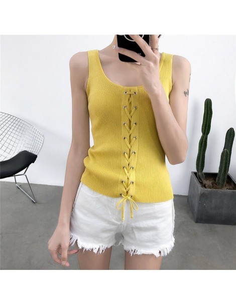 Tank Tops Sexy Front Lace up Bow Knitted Tank Top Women Soft Cotton V-Neck Elastic Basic Vest 2019 Summer Casual Slim Camis F...