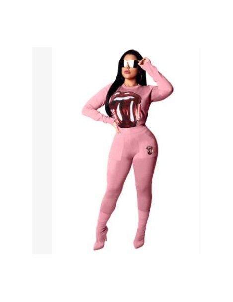 Women's Sets Autumn New Women Set Long Sleeve 2 Piece Outfits Set Pink Big Lips Printed Hoodies And Pants Ladies Suit Pink Ye...