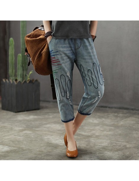 Jeans Women Frayed Denim Trousers Female Harem Pants Retro National Wind Elastic Waist Drawstring Embroidered Pattern - Blue ...