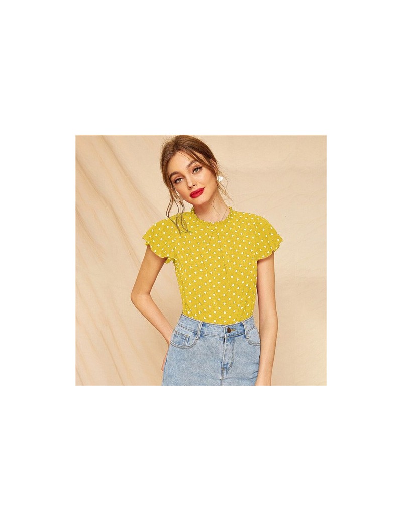 Butterfly Sleeve Polka Dot Frill Blouse Women Cute Cap Sleeve Top 2019 Summer Fashion Ladies Tops and Blouses - Yellow - 404...