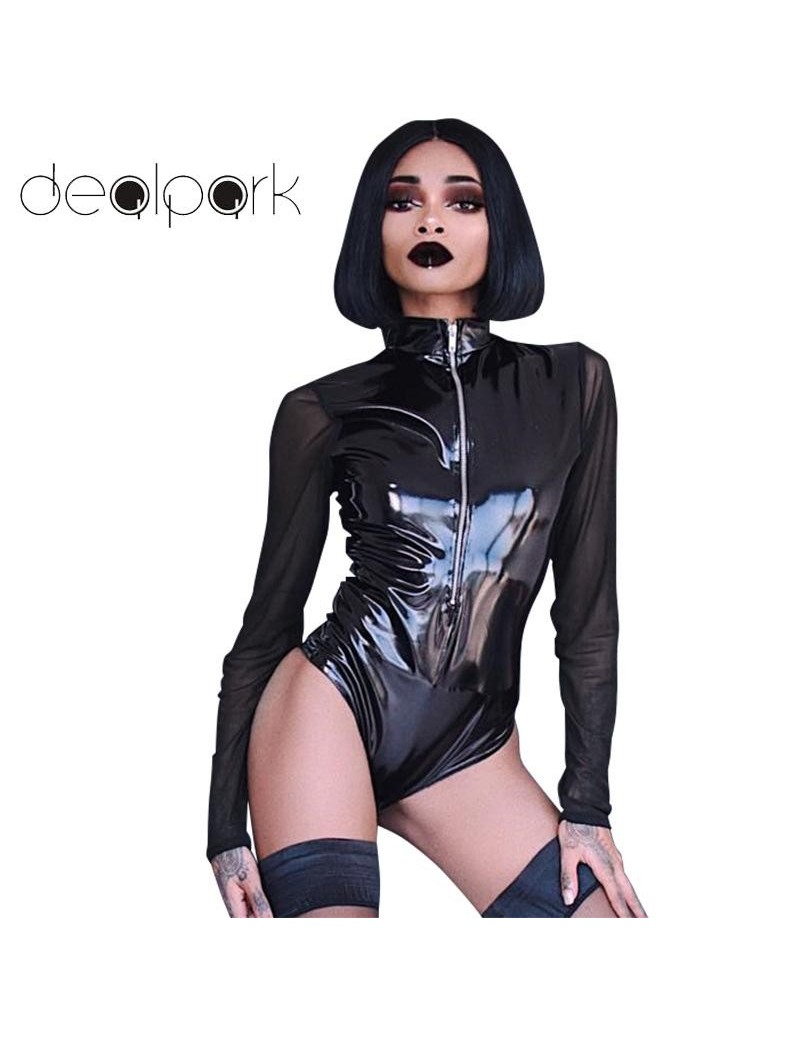 Bodysuits Sexy PU Leather Bodysuit Rompers Womens Jumpsuit Sheer Mesh Splice Long Sleeve Zipper Turtleneck Bodycon Romper fem...