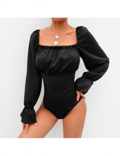 Bodysuits Sexy Women Elegant Square neck Long Puff Sleeve Back Hollow Out Backless Leotard Bodycon Bodysuit Casual Solid colo...